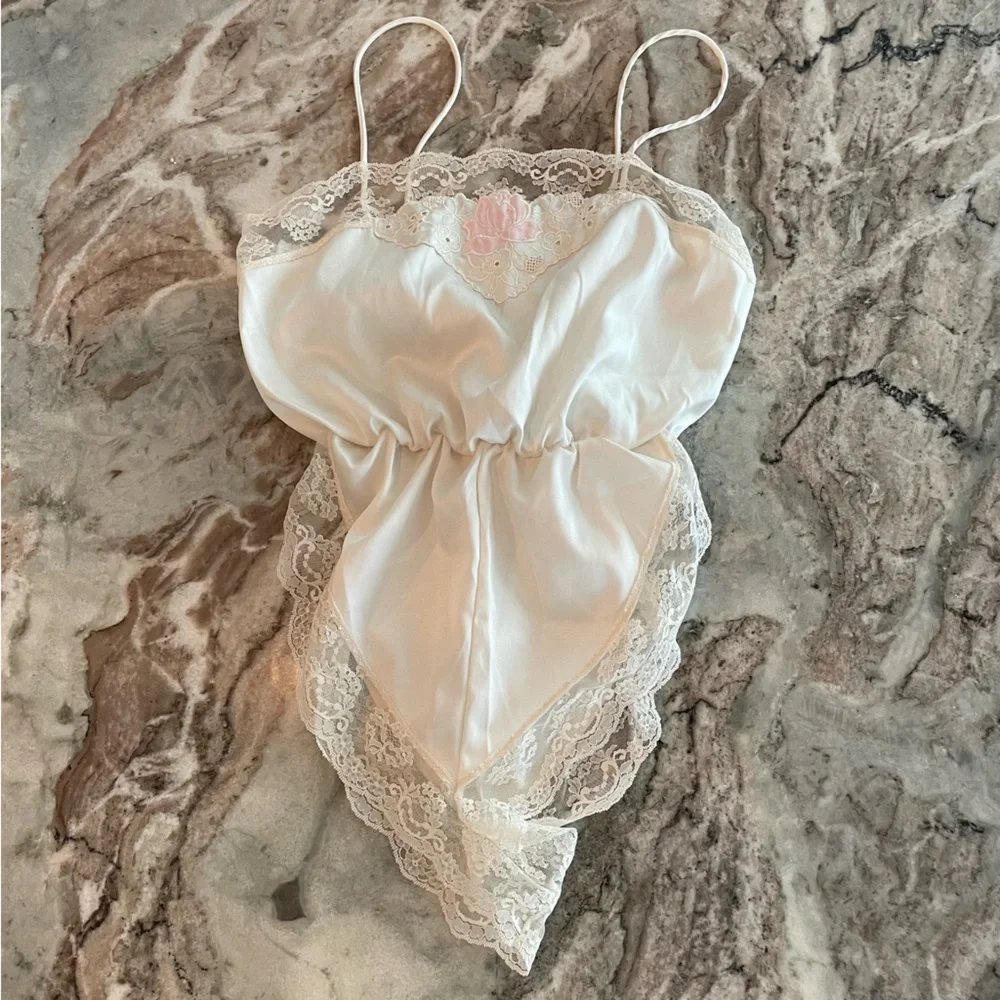 Vintage Gilead Satin Lace Romper Nightie Small Made in USA - Picture 1 of 8